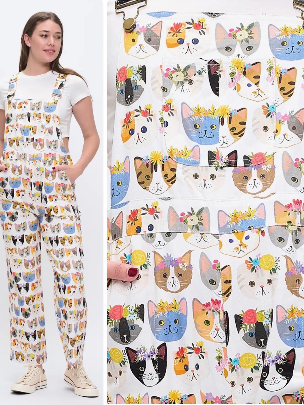 Colorful Floral Crown Kitty Cat Print Overalls